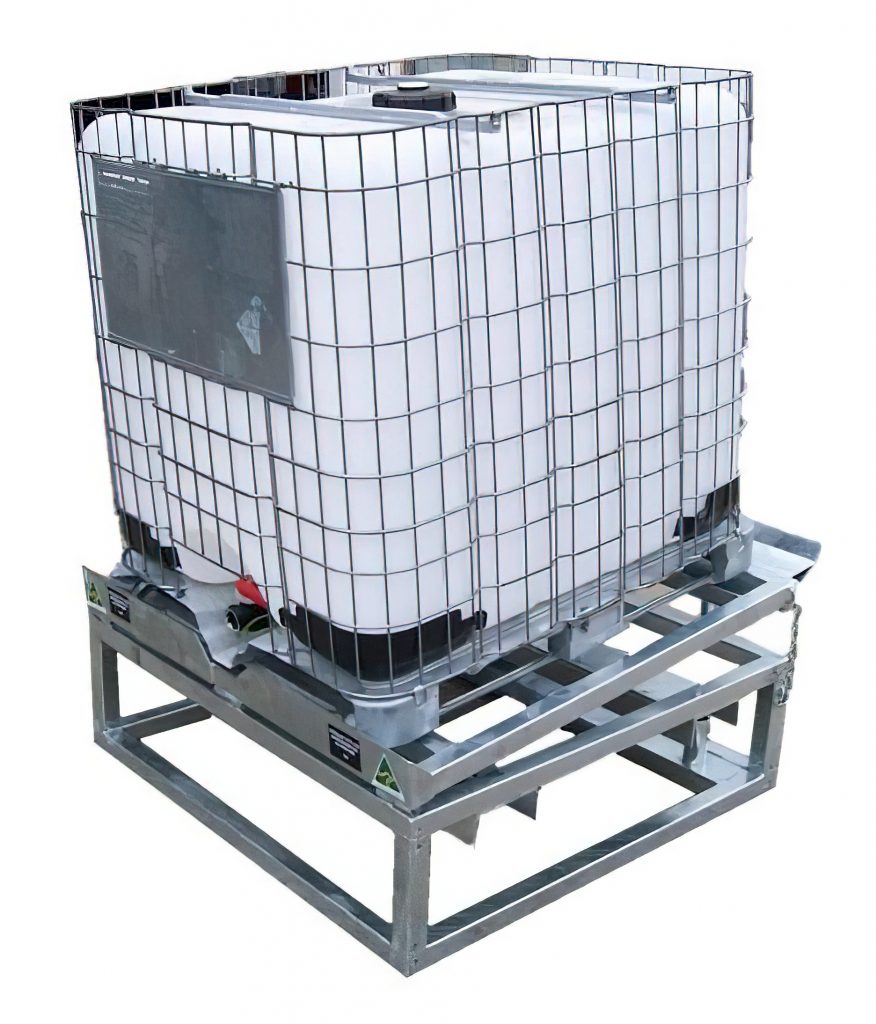 IBC Cube Drainer Stand with spring-tilt base handling a 1000 L IBC container