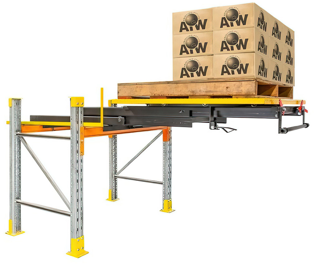High Level Racking Roller with palletised goods extended from racking